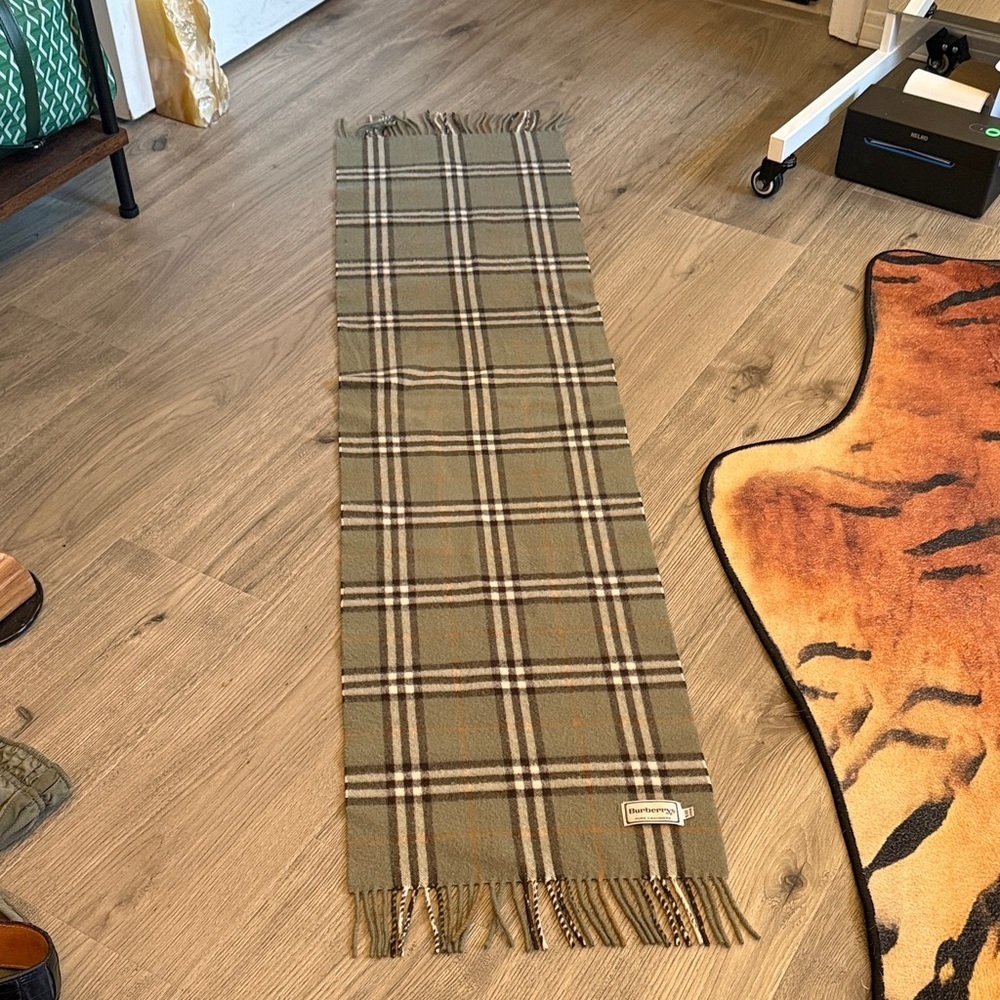 Vintage Burberrys light Olive and Orange Plaid Cashmere Scarf - Picture 7 of 10